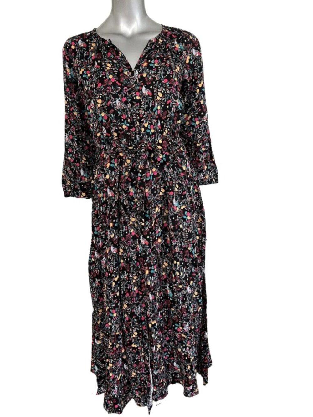 Joules | Hadley V Neck Maxi Dress | Floral Black Bird Print | US Size 16